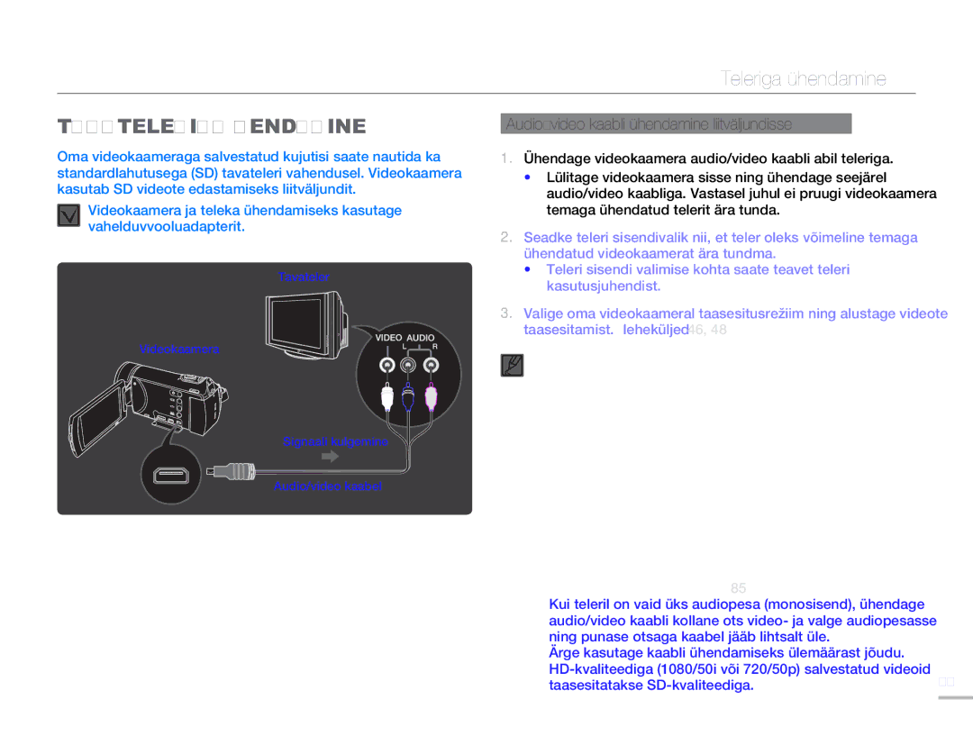 Samsung HMX-H304BP/EDC manual Teleriga ühendamine, Tavateleriga Ühendamine, Audio/video kaabli ühendamine liitväljundisse 