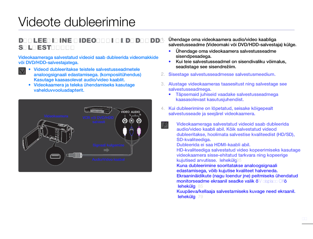 Samsung HMX-H304BP/EDC manual Videote dubleerimine, Dubleerimine Videomaki VÕI DVD/HDD- Salvestajaga 