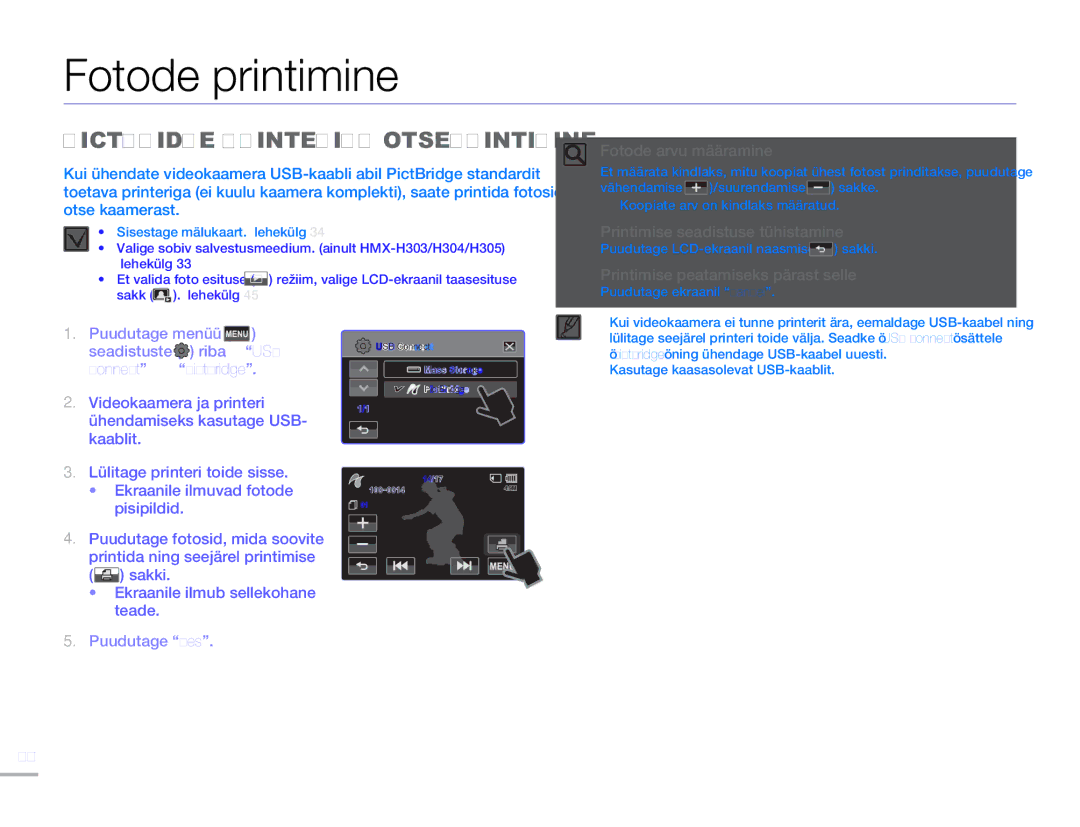 Samsung HMX-H304BP/EDC manual Fotode printimine, Pictbridge Printeriga Otseprintimine 