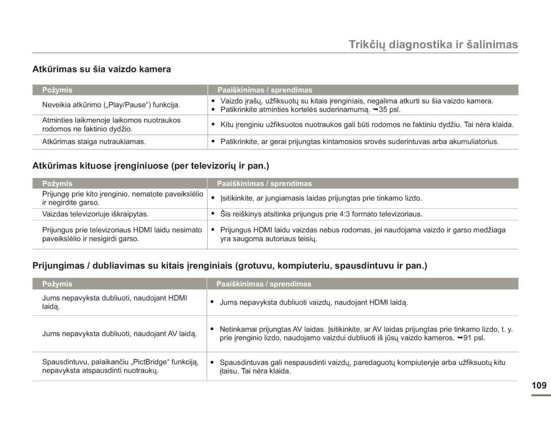 Samsung HMX-H304BP/EDC manual Atkūrimas su šia vaizdo kamera, Atkūrimas kituose įrenginiuose per televizorių ir pan, 109 