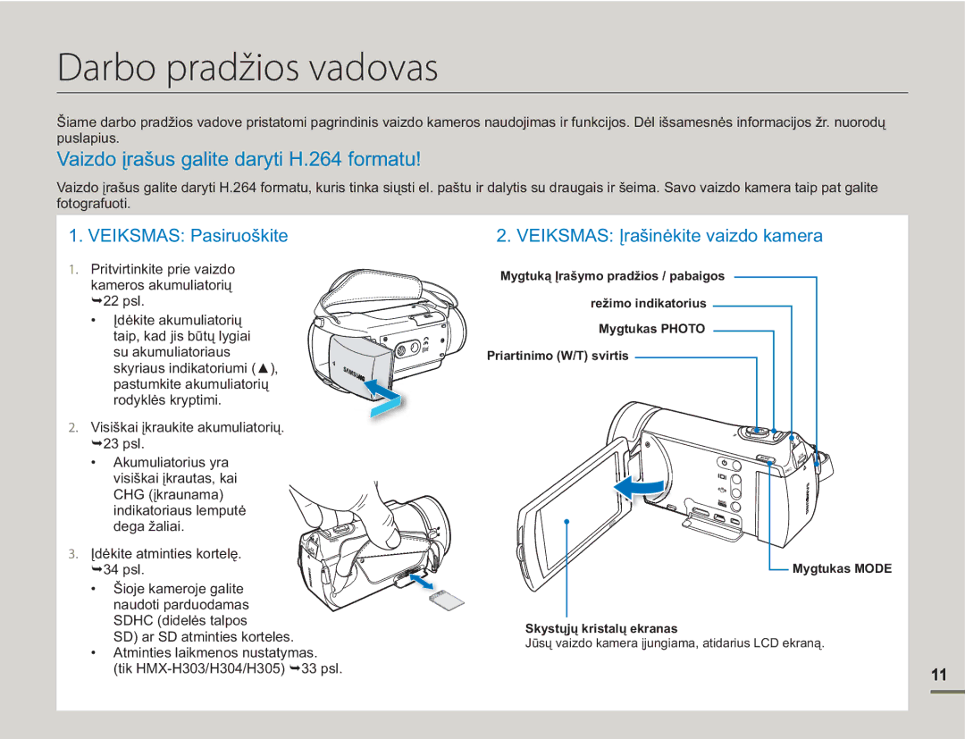 Samsung HMX-H304BP/EDC manual Darbo pradžios vadovas, Vaizdo įrašus galite daryti H.264 formatu 