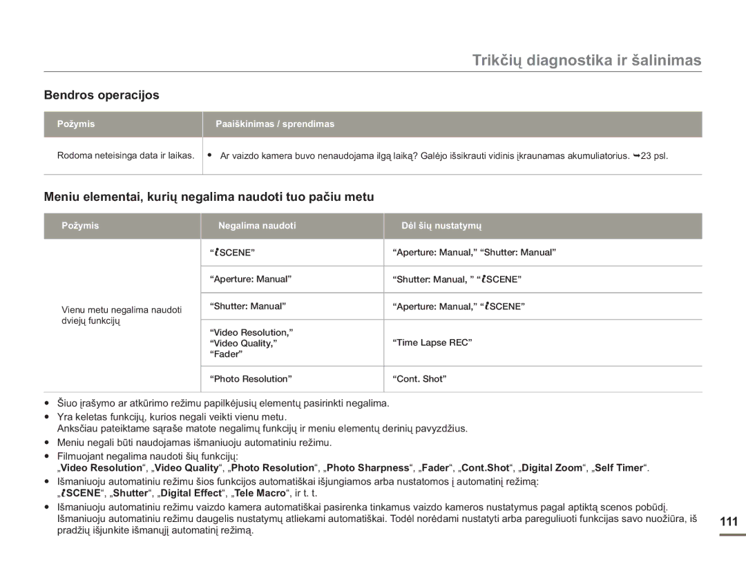 Samsung HMX-H304BP/EDC manual Bendros operacijos, Meniu elementai, kurių negalima naudoti tuo pačiu metu, 111 