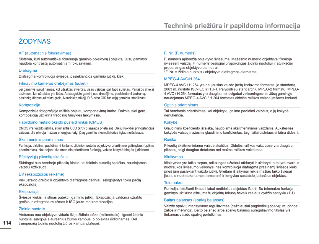 Samsung HMX-H304BP/EDC manual Žodynas, AF automatinis fokusavimas 