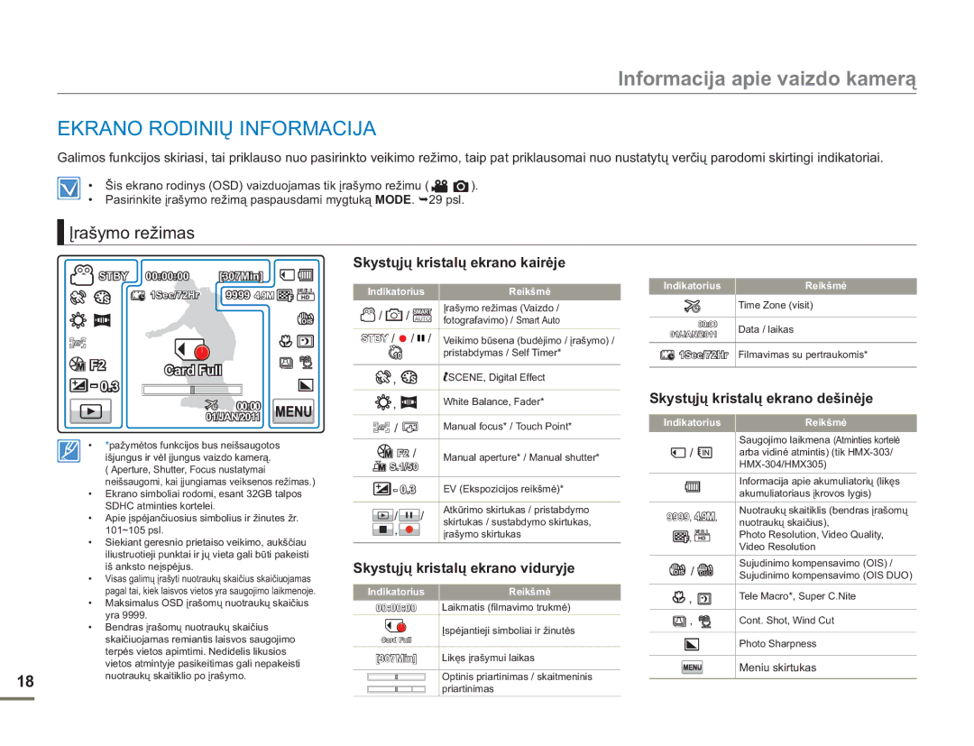 Samsung HMX-H304BP/EDC manual Ekrano Rodinių Informacija, Įrašymo režimas, Skystųjų kristalų ekrano kairėje 