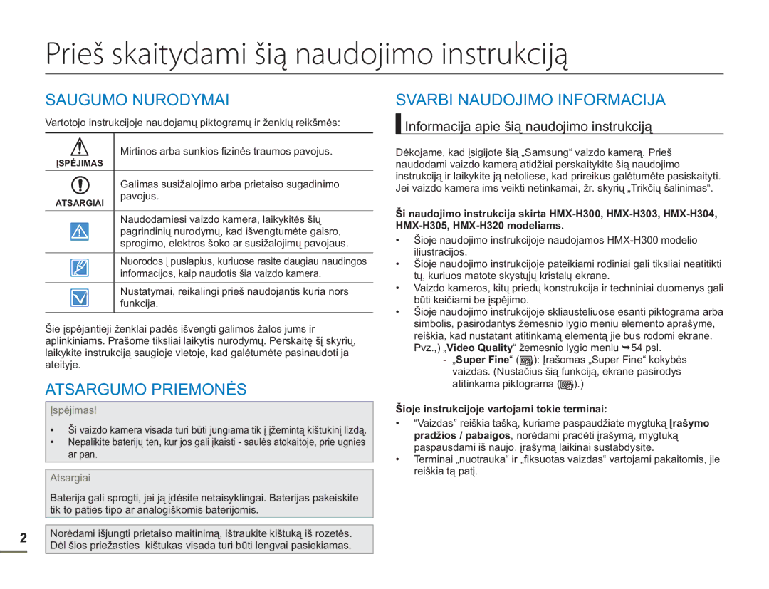 Samsung HMX-H304BP/EDC manual Prieš skaitydami šią naudojimo instrukciją, Saugumo Nurodymai, Atsargumo Priemonės 