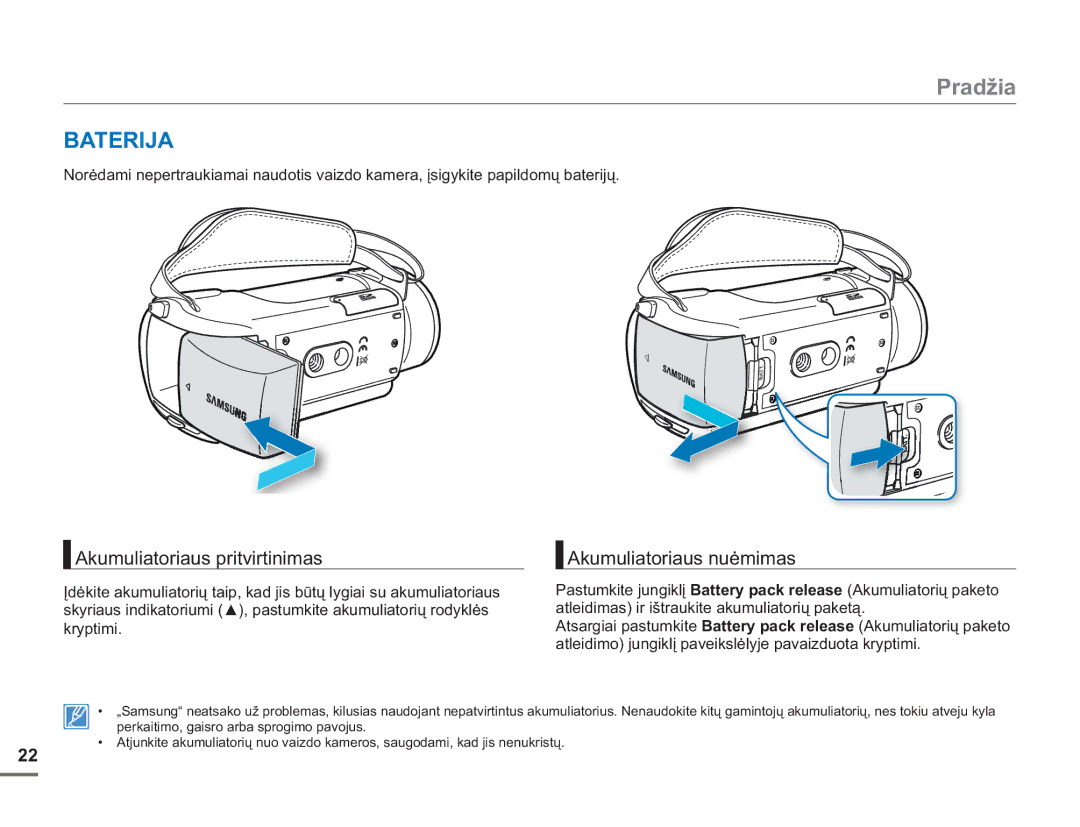 Samsung HMX-H304BP/EDC manual Pradžia, Akumuliatoriaus pritvirtinimas Akumuliatoriaus nuėmimas 