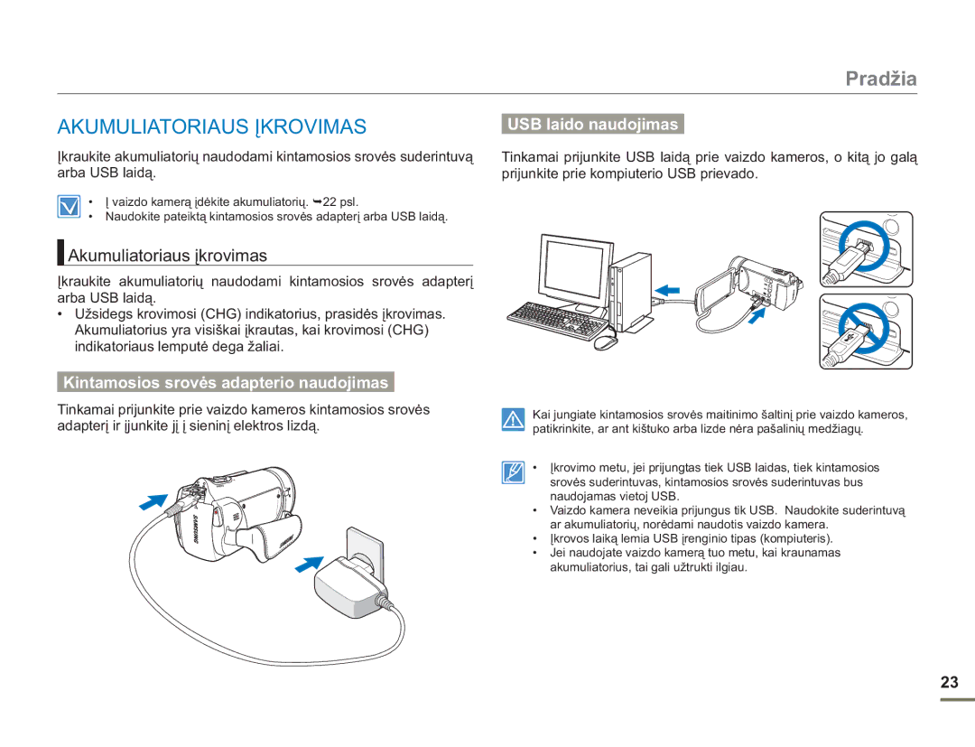 Samsung HMX-H304BP/EDC manual USB laido naudojimas, Akumuliatoriaus įkrovimas, Kintamosios srovės adapterio naudojimas 