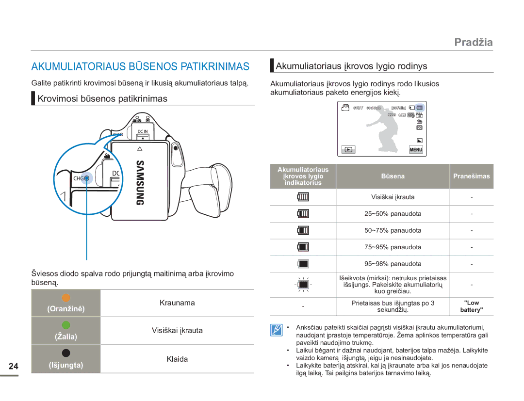 Samsung HMX-H304BP/EDC manual Akumuliatoriaus Būsenos Patikrinimas, Žalia 