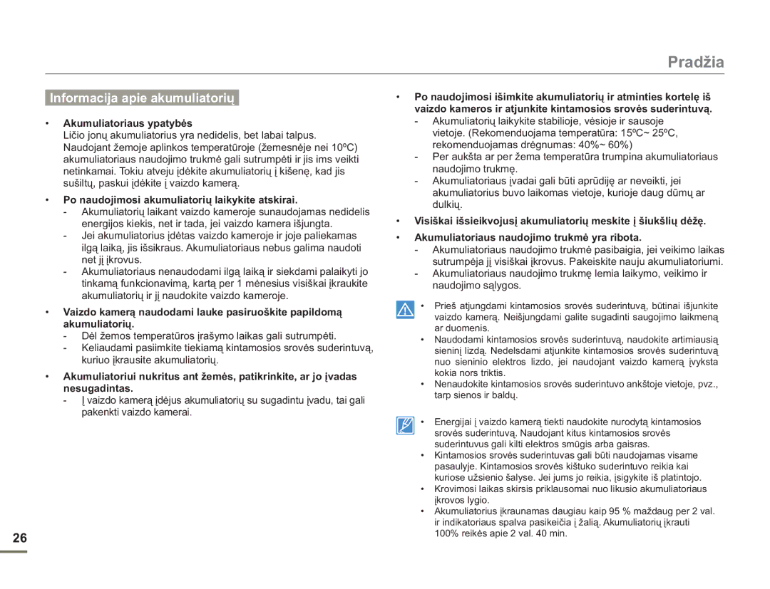 Samsung HMX-H304BP/EDC manual Informacija apie akumuliatorių, Akumuliatoriaus ypatybės 