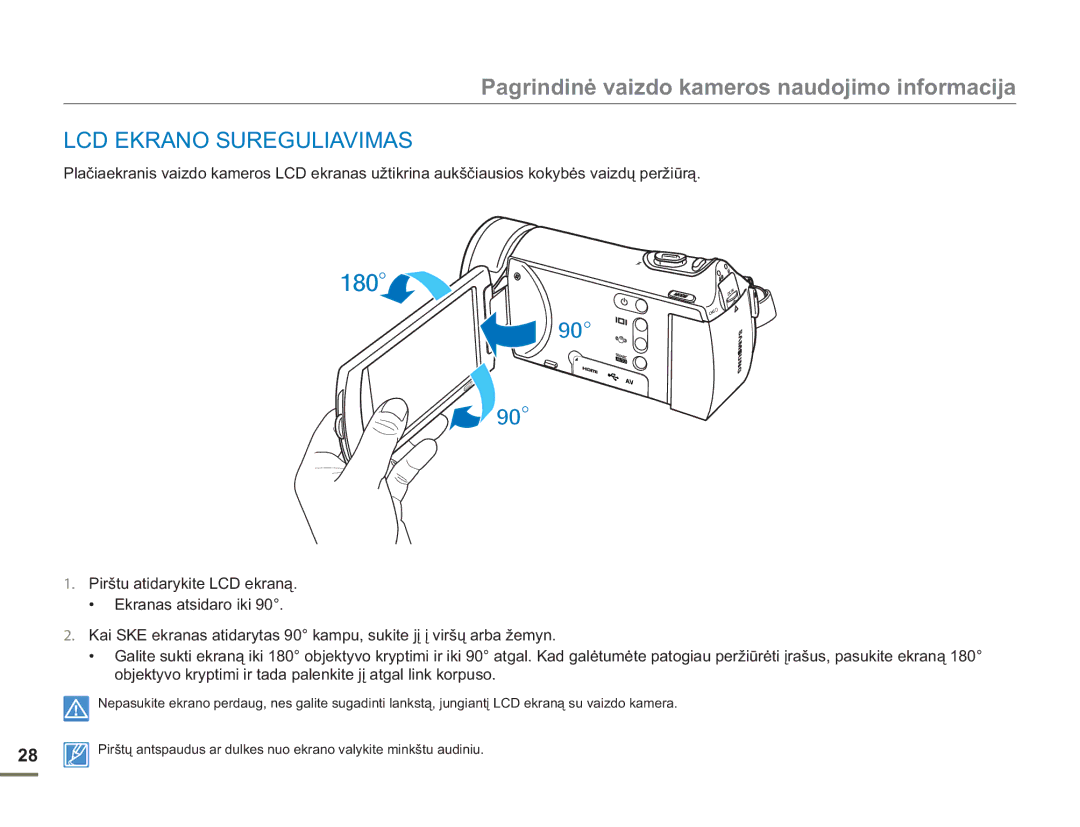 Samsung HMX-H304BP/EDC manual Pagrindinė vaizdo kameros naudojimo informacija, LCD Ekrano Sureguliavimas 