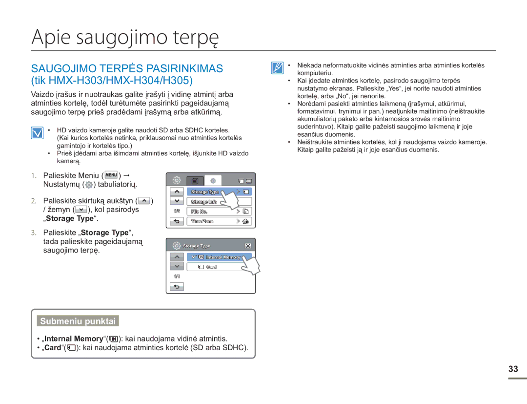 Samsung HMX-H304BP/EDC Apie saugojimo terpę, Saugojimo Terpės Pasirinkimas tik HMX-H303/HMX-H304/H305, Submeniu punktai 