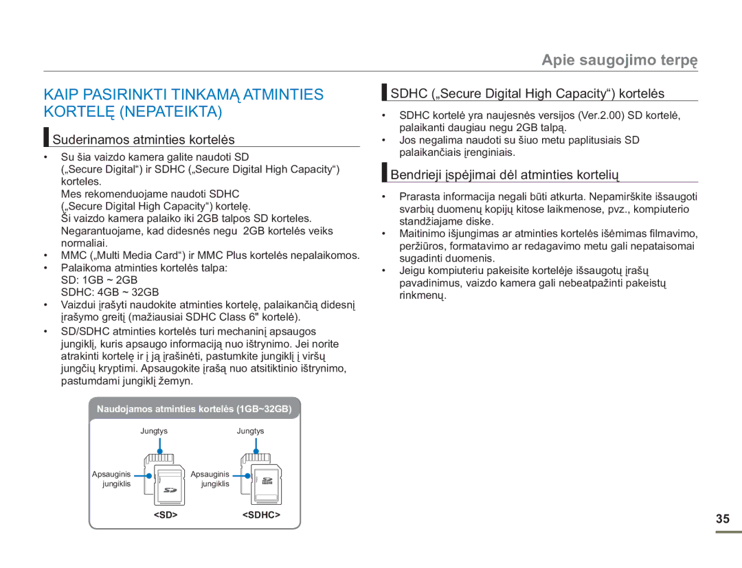 Samsung HMX-H304BP/EDC manual Kaip Pasirinkti Tinkamą Atminties Kortelę Nepateikta, Suderinamos atminties kortelės 