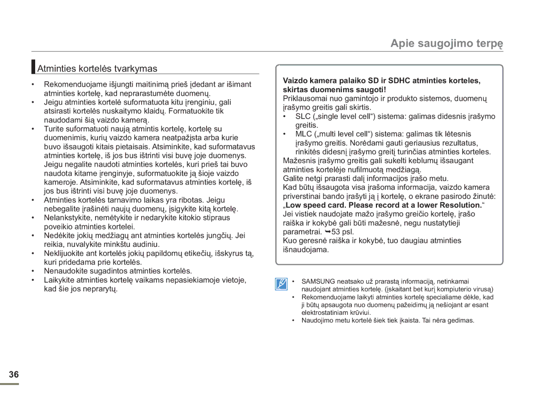 Samsung HMX-H304BP/EDC manual Atminties kortelės tvarkymas 