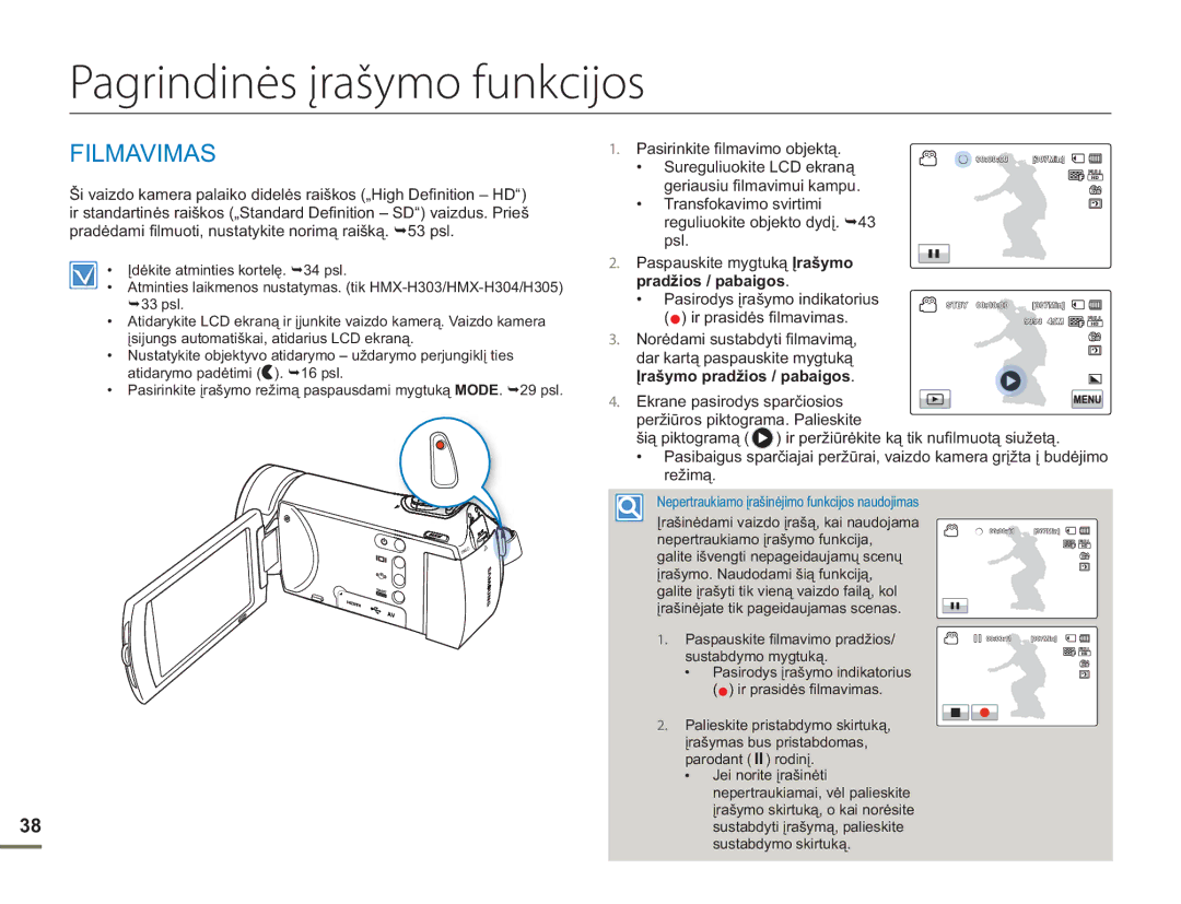 Samsung HMX-H304BP/EDC manual Pagrindinės įrašymo funkcijos, Filmavimas, Pasirinkite ﬁlmavimo objektą 