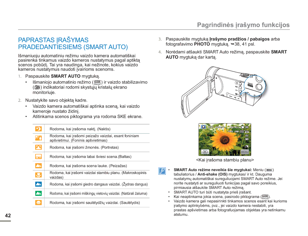 Samsung HMX-H304BP/EDC manual Paprastas Įrašymas Pradedantiesiems Smart Auto, Kai įrašoma stambiu planu 