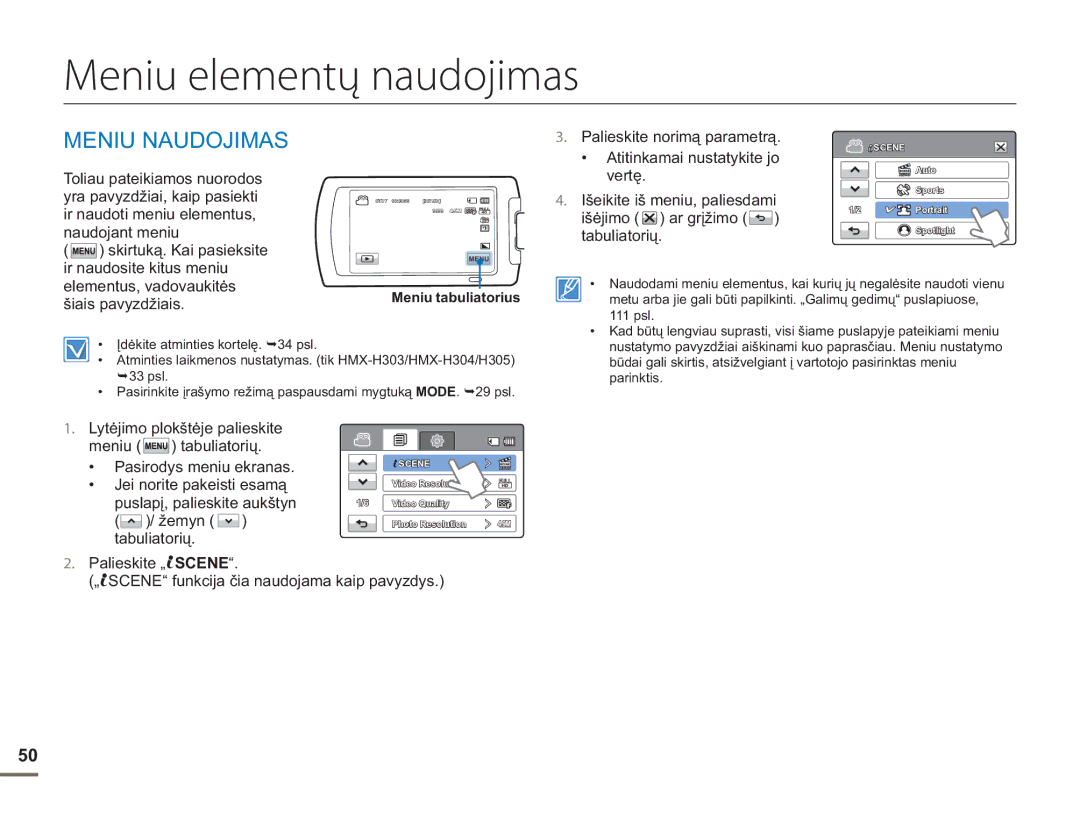 Samsung HMX-H304BP/EDC manual Meniu elementų naudojimas, Meniu Naudojimas 