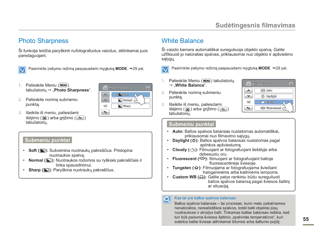 Samsung HMX-H304BP/EDC manual Photo Sharpness, White Balance 