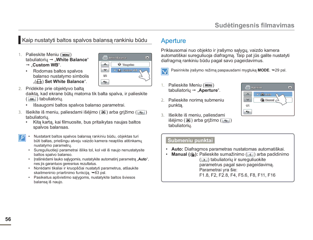 Samsung HMX-H304BP/EDC manual Kaip nustatyti baltos spalvos balansą rankiniu būdu, Tabuliatorių „Aperture 