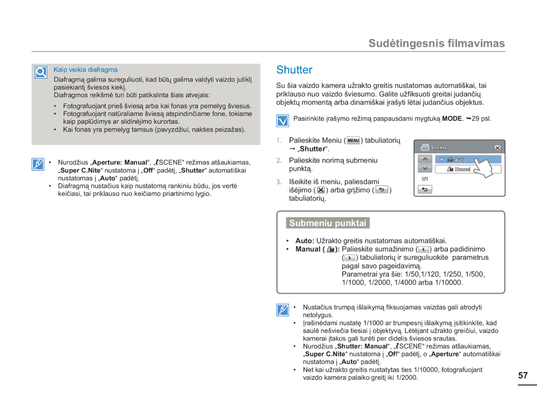 Samsung HMX-H304BP/EDC manual „Shutter, Auto Užrakto greitis nustatomas automatiškai 