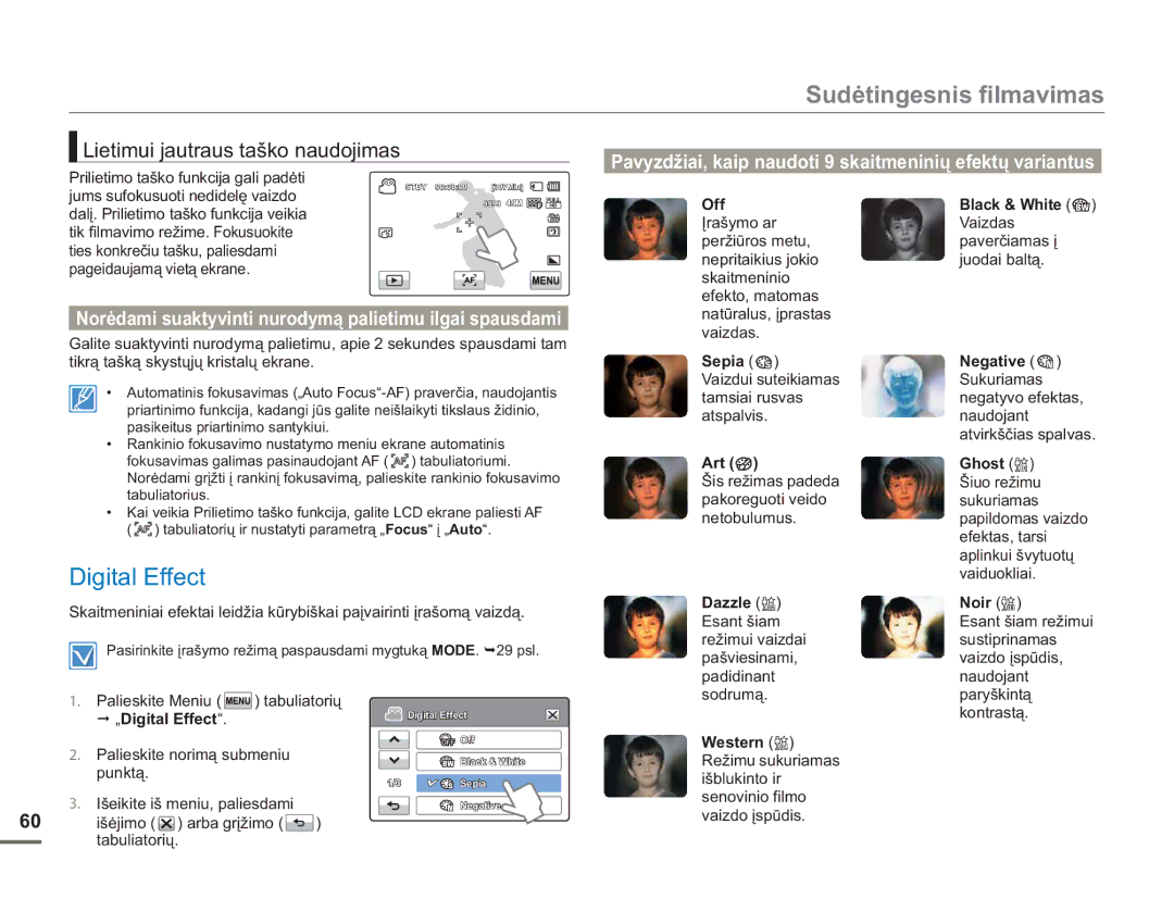 Samsung HMX-H304BP/EDC manual Digital Effect, Lietimui jautraus taško naudojimas 