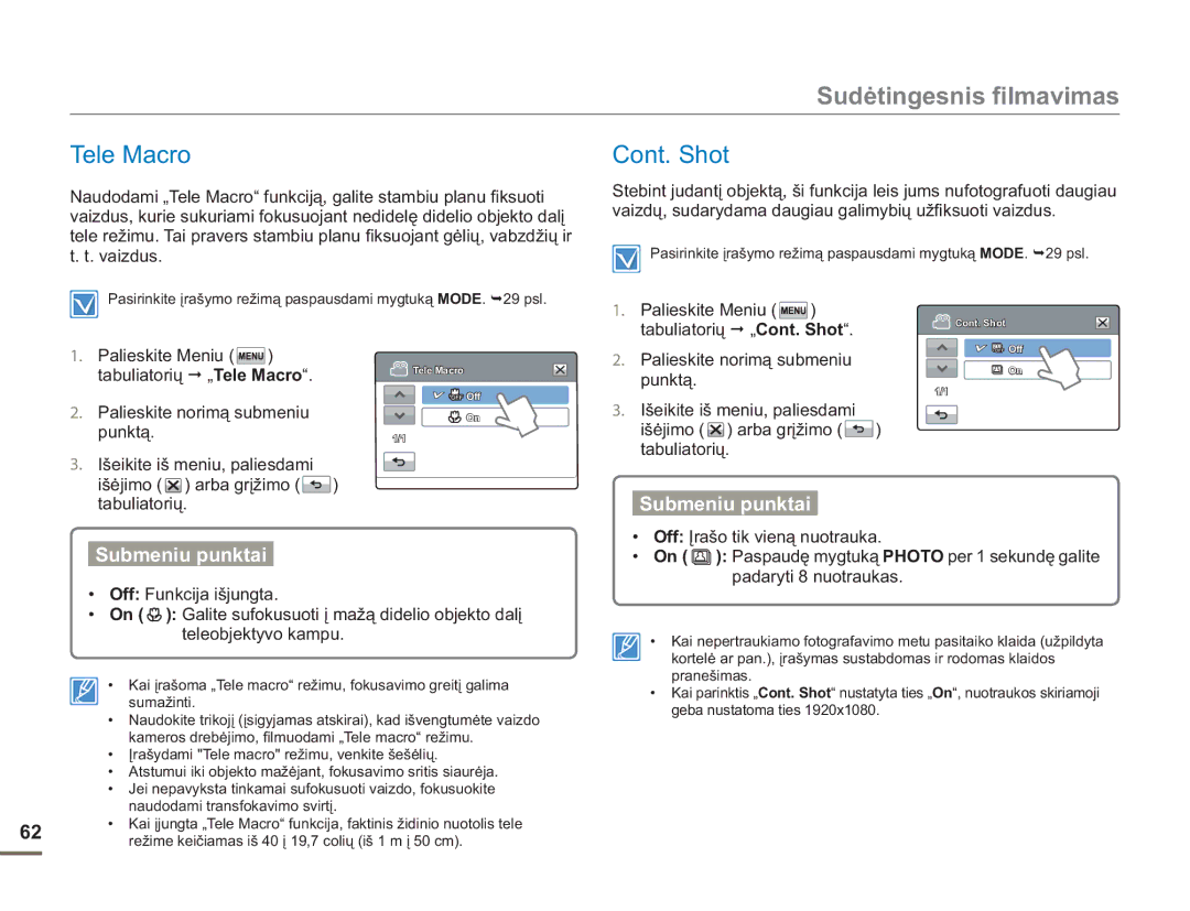 Samsung HMX-H304BP/EDC manual Tele Macro, Palieskite Meniu Tabuliatorių „Cont. Shot 