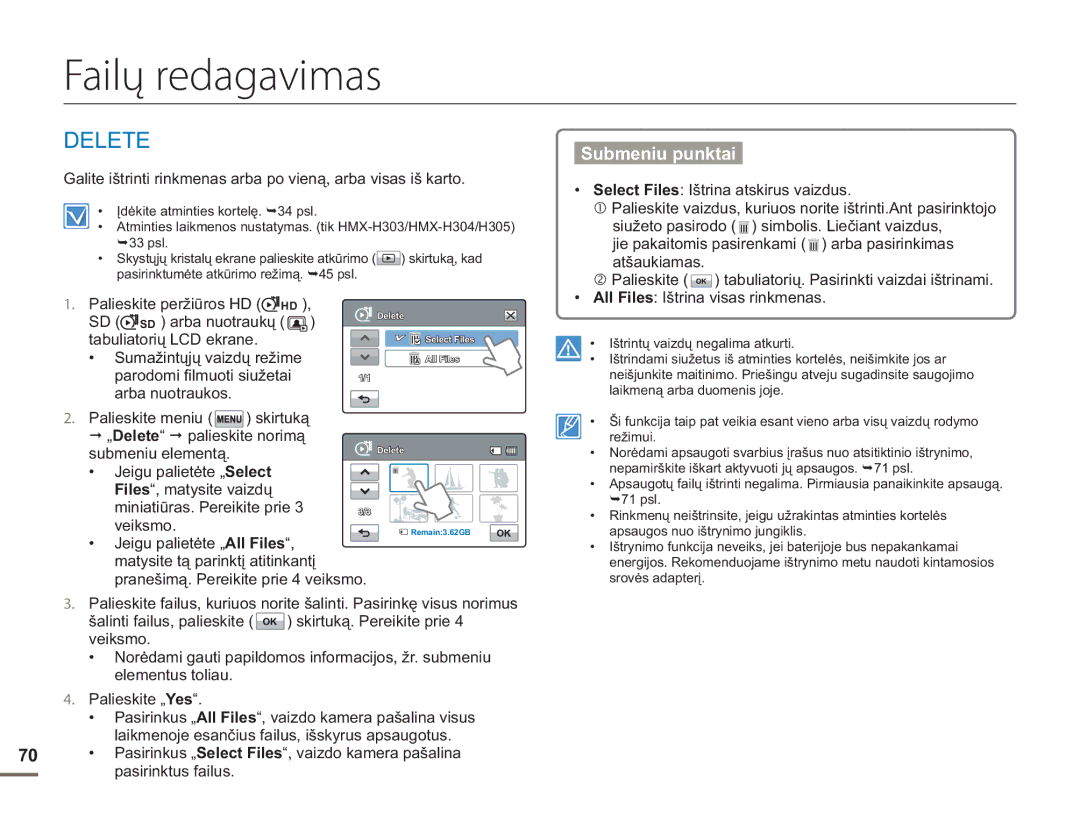 Samsung HMX-H304BP/EDC manual Failų redagavimas, Delete 