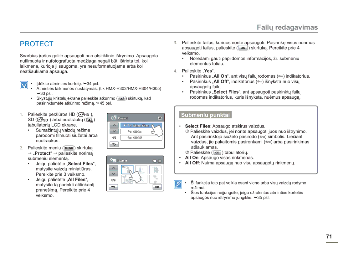 Samsung HMX-H304BP/EDC manual Failų redagavimas, Protect 