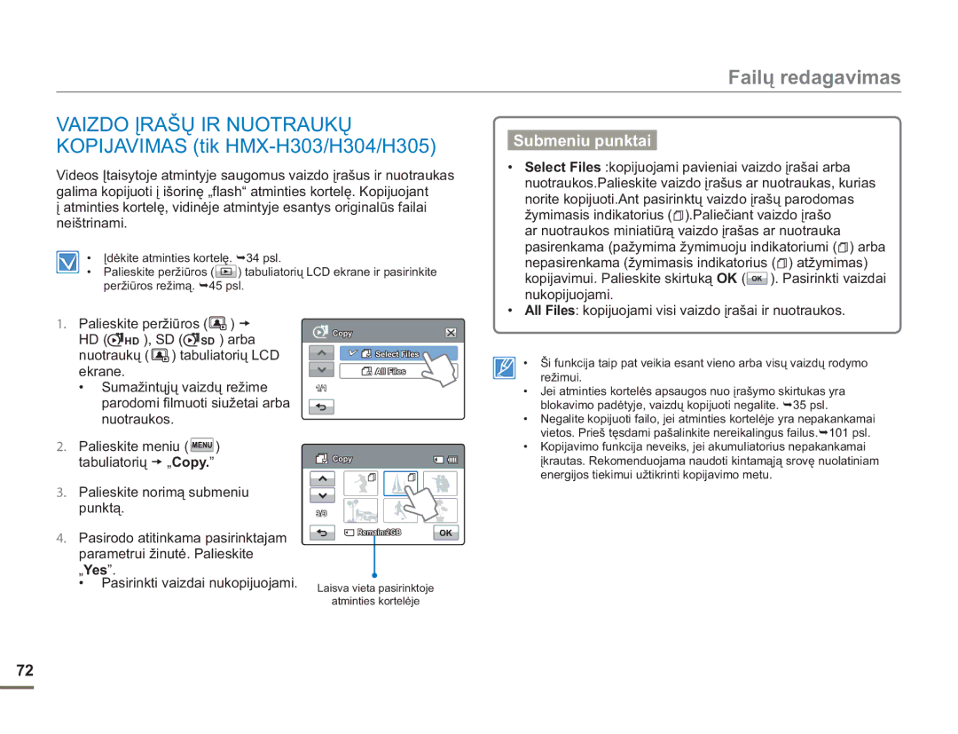 Samsung HMX-H304BP/EDC manual Vaizdo Įrašų IR Nuotraukų Kopijavimas tik HMX-H303/H304/H305 