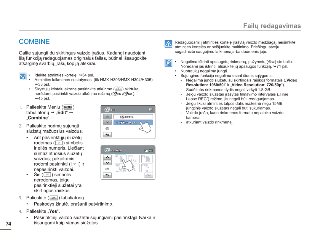 Samsung HMX-H304BP/EDC manual „Combine, Palieskite norimų sujungti 