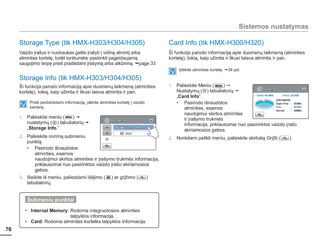 Samsung HMX-H304BP/EDC manual Sistemos nustatymas, Storage Type tik HMX-H303/H304/H305, „Card Info 