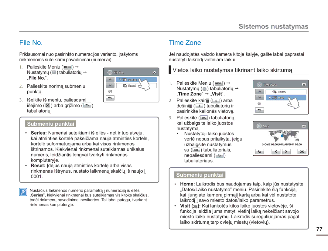 Samsung HMX-H304BP/EDC manual Time Zone, Vietos laiko nustatymas tikrinant laiko skirtumą, „File No 