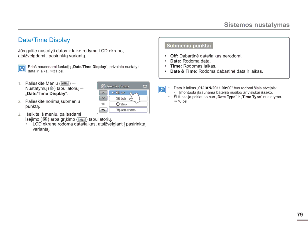 Samsung HMX-H304BP/EDC manual Palieskite Meniu Nustatymų tabuliatorių „Date/Time Display 