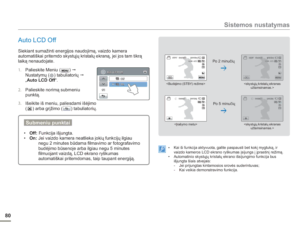 Samsung HMX-H304BP/EDC manual Palieskite Meniu Nustatymų tabuliatorių „Auto LCD Off 