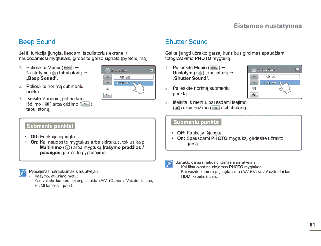 Samsung HMX-H304BP/EDC manual Shutter Sound, „Beep Sound, Punktą Išeikite iš meniu, paliesdami 