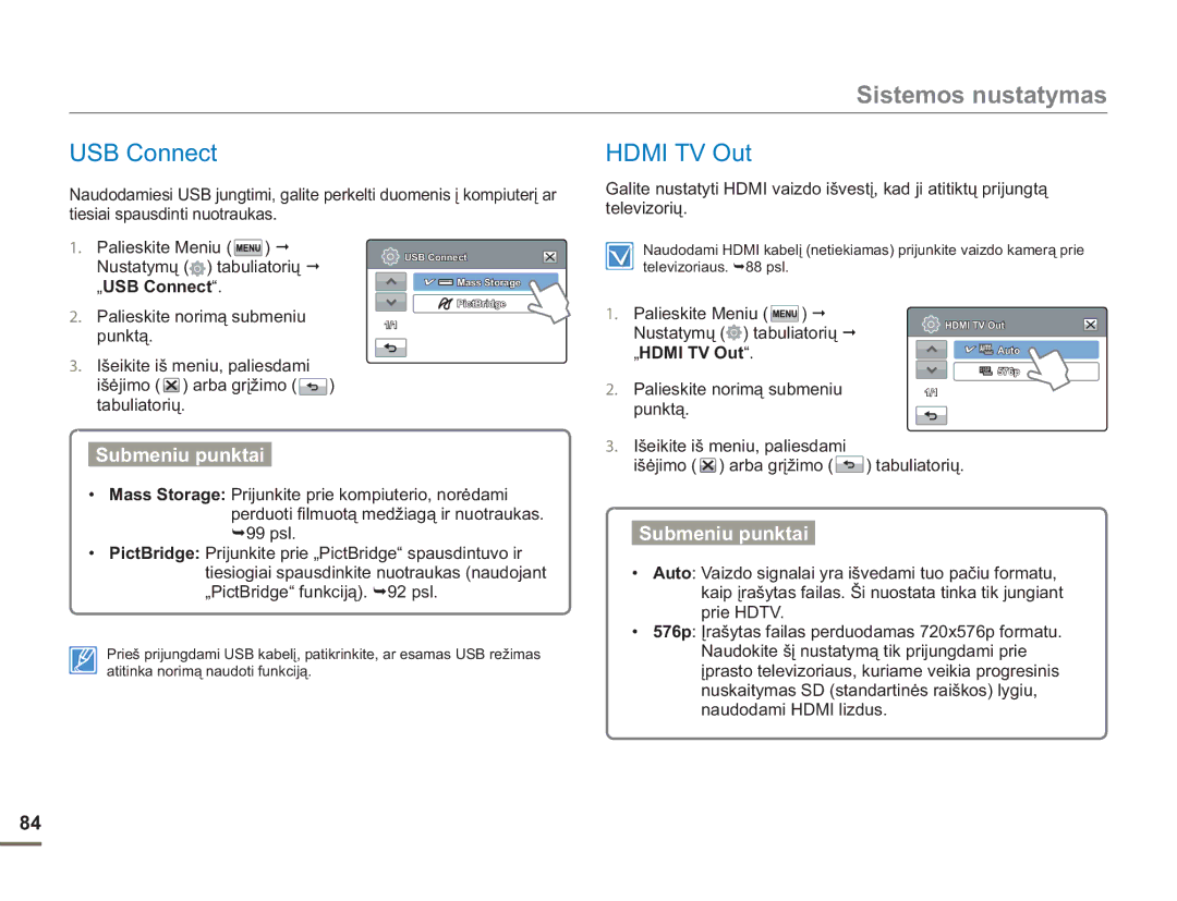 Samsung HMX-H304BP/EDC manual Hdmi TV Out, „USB Connect, Nustatymų tabuliatorių, „HDMI TV Out 