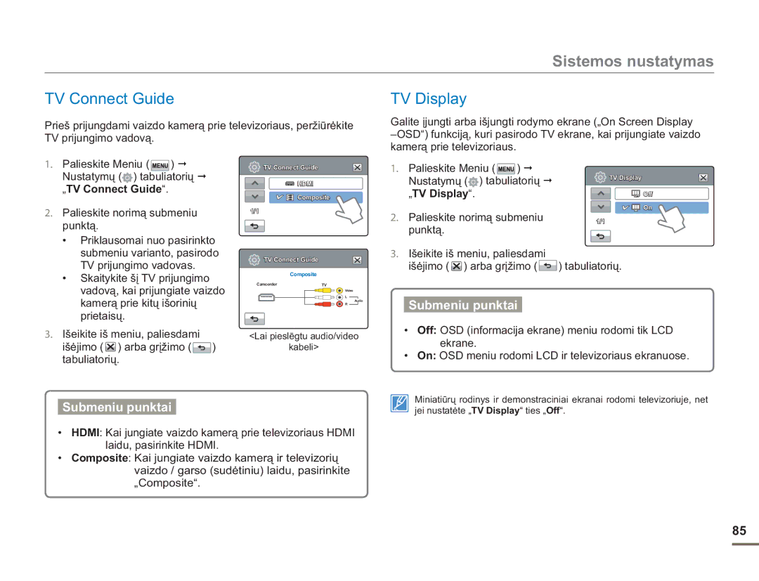 Samsung HMX-H304BP/EDC TV Connect Guide TV Display, „TV Connect Guide, Palieskite Meniu Nustatymų tabuliatorių „TV Display 