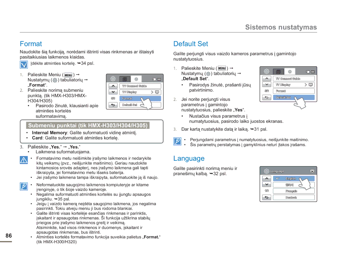 Samsung HMX-H304BP/EDC manual Format, Default Set, Language, Submeniu punktai tik HMX-H303/H304/H305 