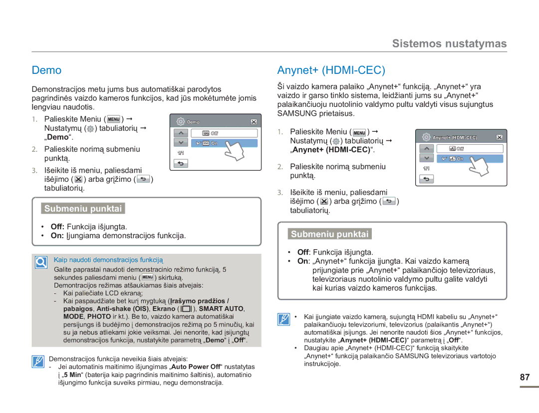 Samsung HMX-H304BP/EDC manual Palieskite Meniu Nustatymų tabuliatorių „Demo, „Anynet+ HDMI-CEC 