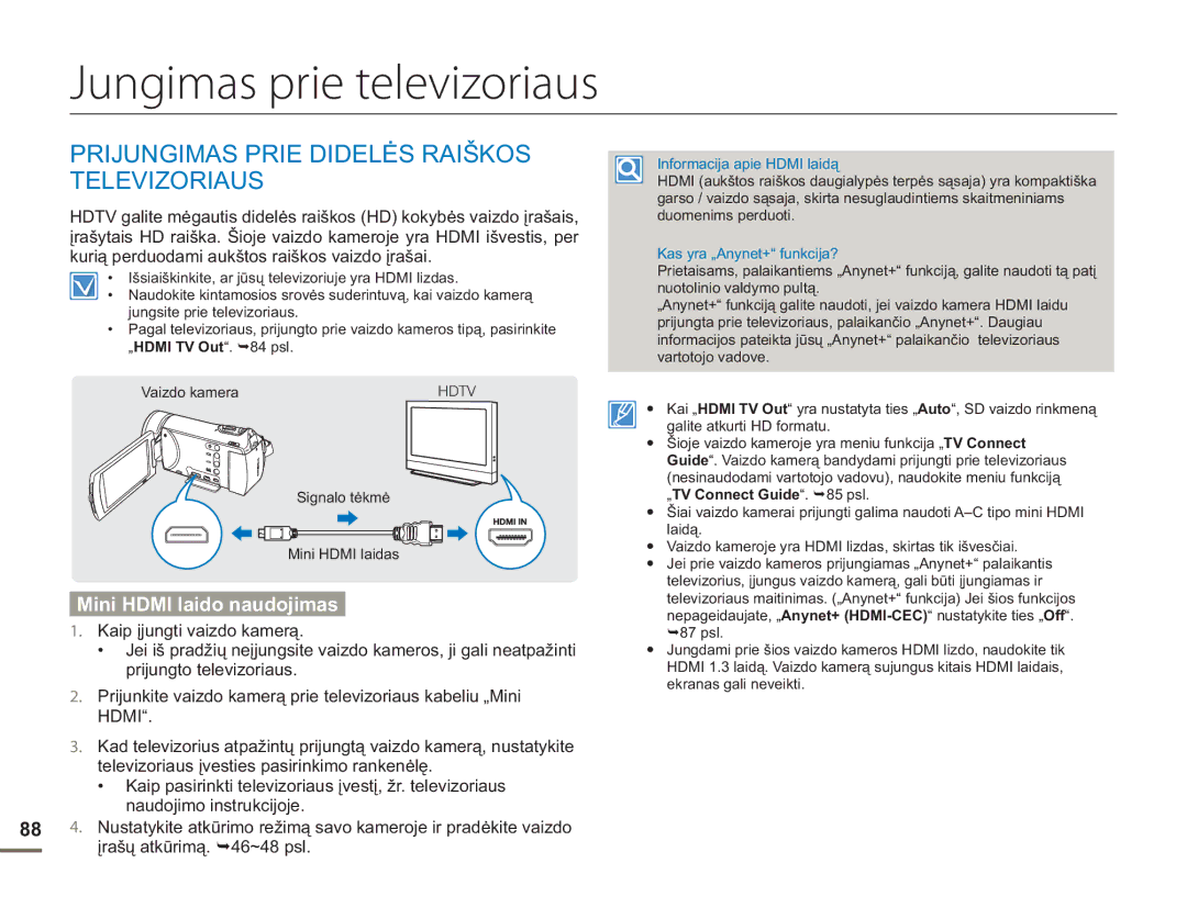 Samsung HMX-H304BP/EDC manual Jungimas prie televizoriaus, Prijungimas Prie Didelės Raiškos Televizoriaus 