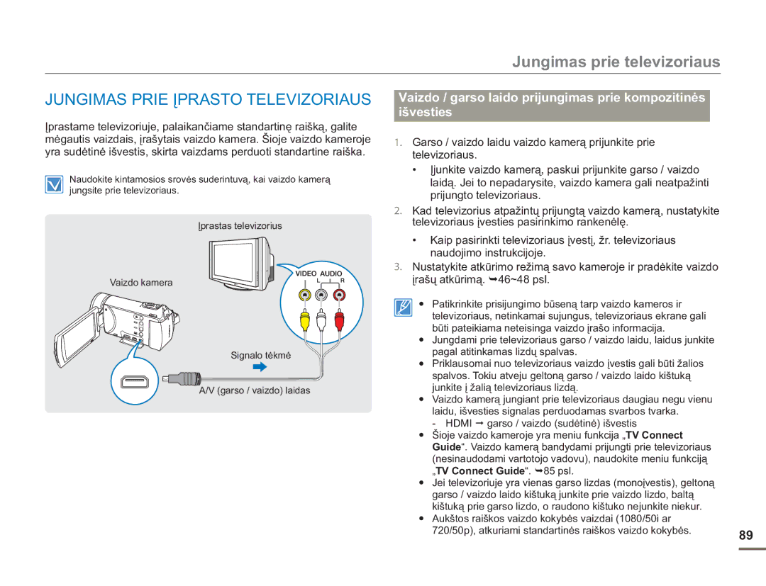 Samsung HMX-H304BP/EDC manual Jungimas prie televizoriaus, Aukštos raiškos vaizdo kokybės vaizdai 1080/50i ar 