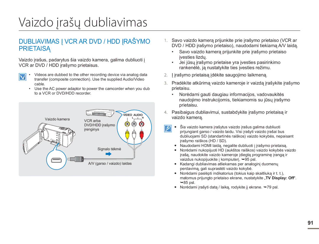 Samsung HMX-H304BP/EDC manual Vaizdo įrašų dubliavimas, Dubliavimas Į VCR AR DVD / HDD Įrašymo Prietaisą 