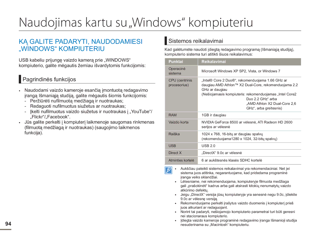 Samsung HMX-H304BP/EDC Naudojimas kartu su„Windows kompiuteriu, KĄ Galite PADARYTI, Naudodamiesi „WINDOWS Kompiuteriu 