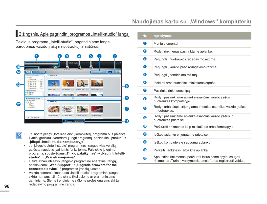 Samsung HMX-H304BP/EDC manual Žingsnis. Apie pagrindinį programos „Intelli-studio langą, Nr. Aprašymas 