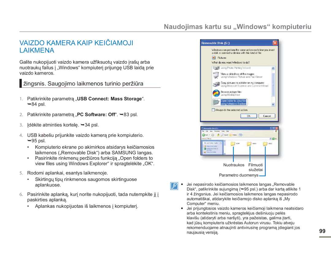 Samsung HMX-H304BP/EDC manual Vaizdo Kamera Kaip Keičiamoji Laikmena, Žingsnis. Saugojimo laikmenos turinio peržiūra 