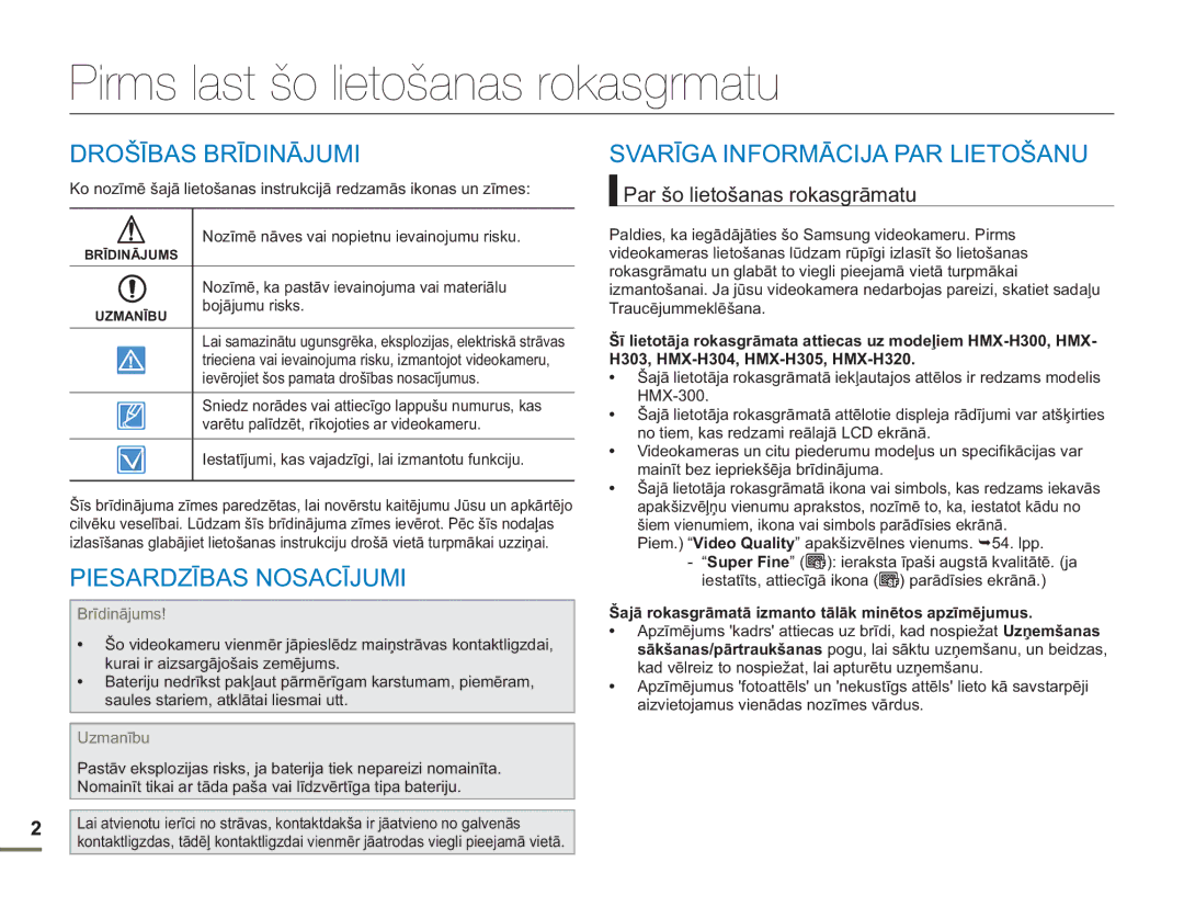 Samsung HMX-H304BP/EDC manual Pirms last šo lietošanas rokasgrmatu, Drošības Brīdinājumi, Piesardzības Nosacījumi 