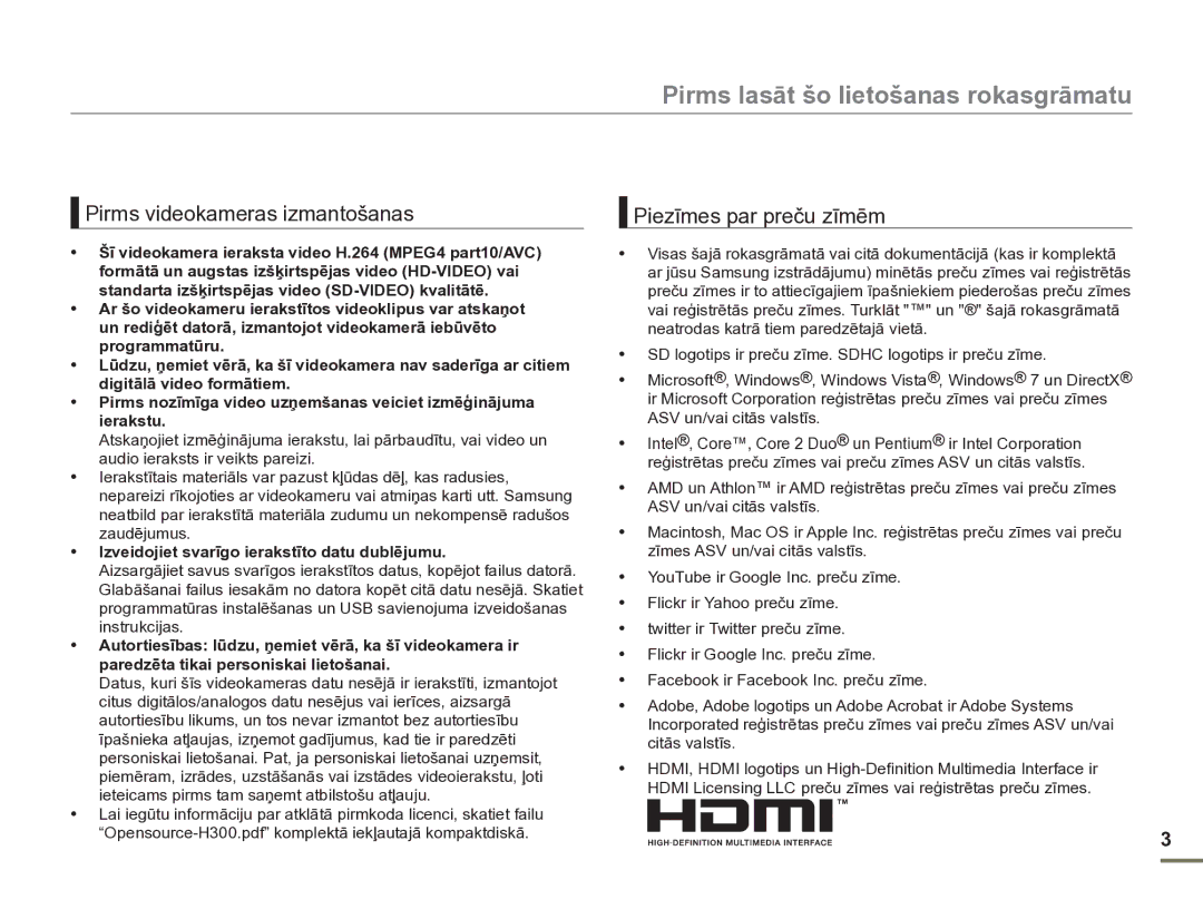 Samsung HMX-H304BP/EDC manual Pirms lasāt šo lietošanas rokasgrāmatu 