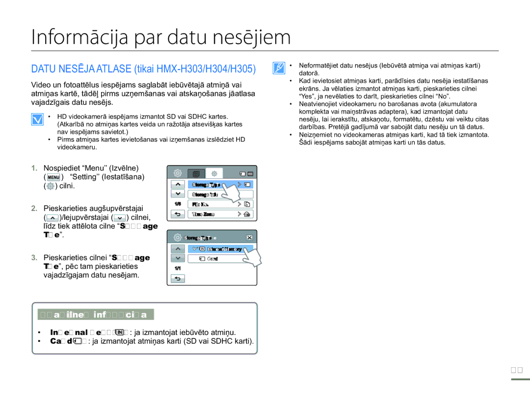 Samsung HMX-H304BP/EDC manual Informācija par datu nesējiem, Apakšizvēlnes informācija 