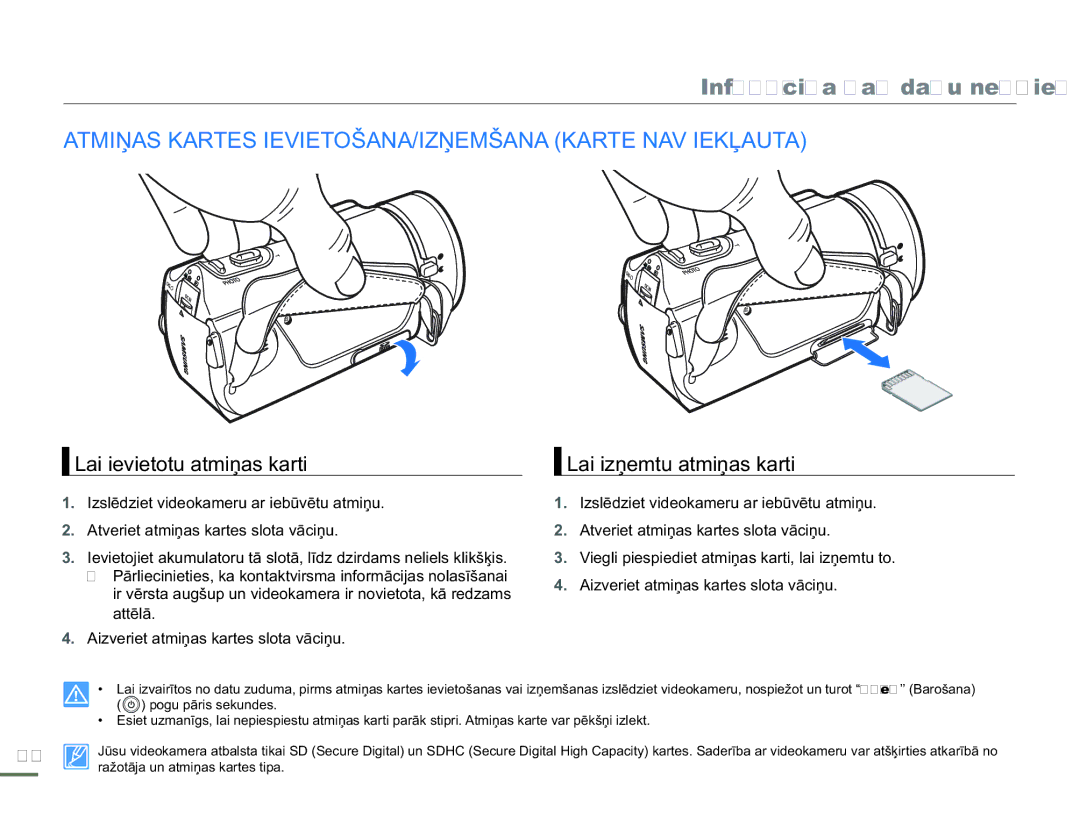 Samsung HMX-H304BP/EDC manual Informācija par datu nesējiem, Atmiņas Kartes IEVIETOŠANA/IZŅEMŠANA Karte NAV Iekļauta 