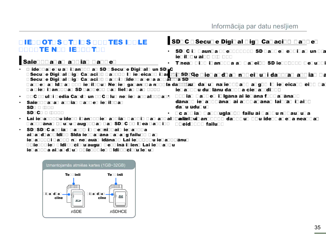 Samsung HMX-H304BP/EDC manual Piemērotas Atmiņas Kartes Izvēle Karte NAV Iekļauta, Savietojamas atmiņas kartes 