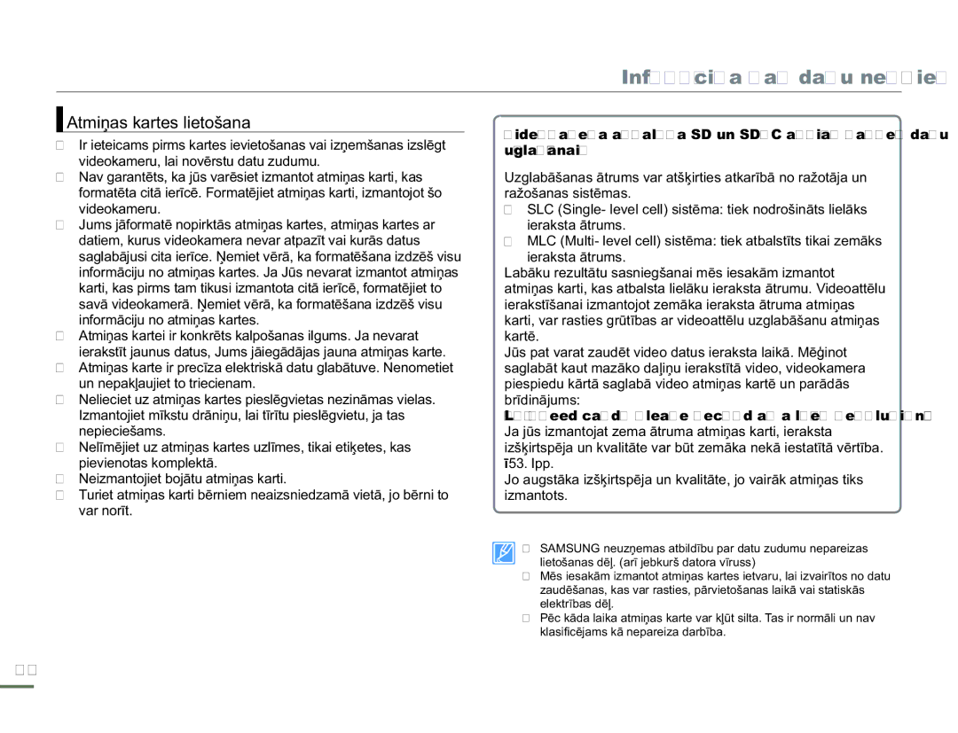 Samsung HMX-H304BP/EDC manual Atmiņas kartes lietošana 